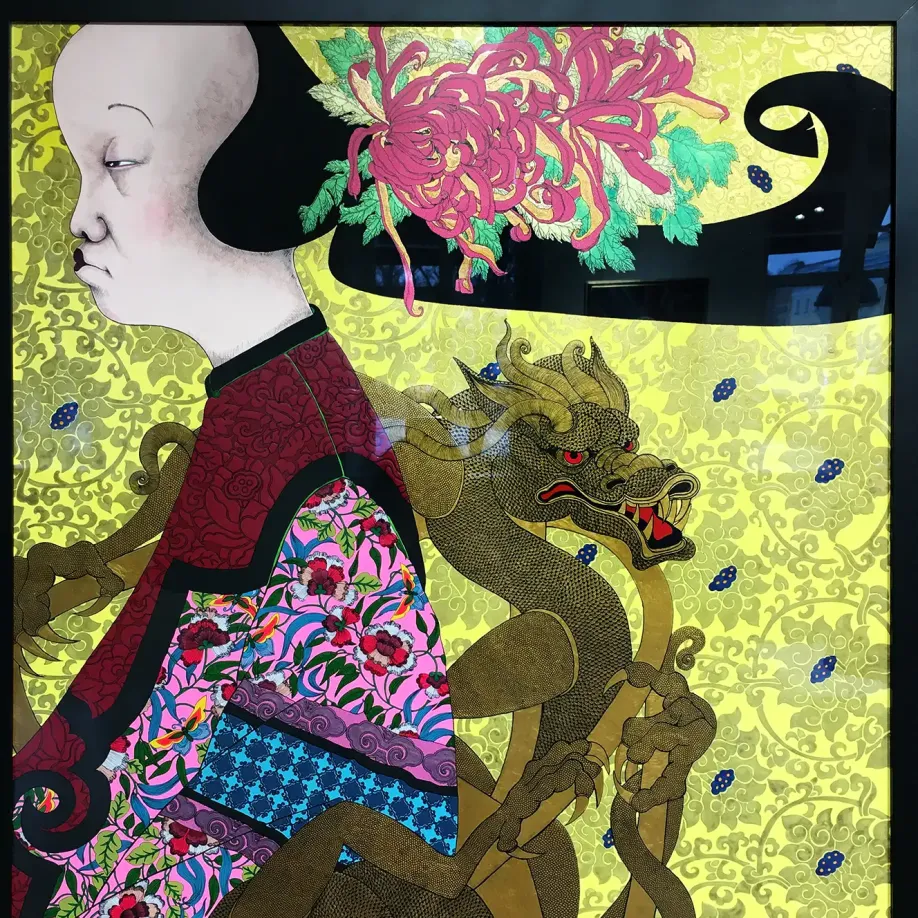 Ксения Лаврова — Сон в Красном тереме, фрагмент, 2019 (диптих, акрил, тушь, перо, бумага)