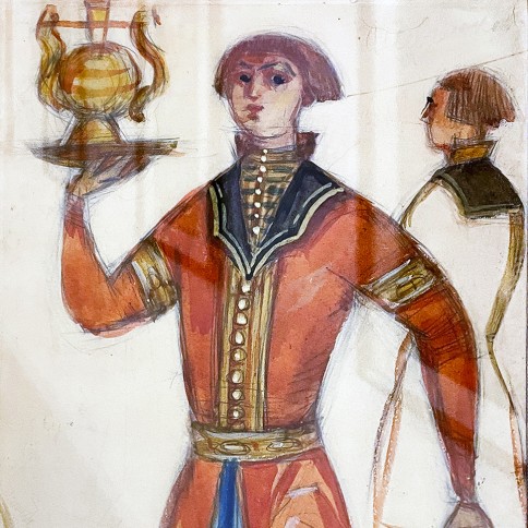 Дмитрий Стеллецкий — Юноша с самоваром. Эскиз костюма к сцене 'Обряд русской свадьбы' по мотивам оперы 'Руслан и Людмила' М. Глинки. Театр-кабаре 'Летучая мышь' Н. Балиева. Париж, 1926 (бумага, гуашь, карандаш)