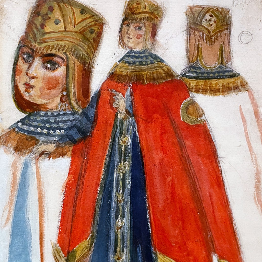 Дмитрий Стеллецкий — Боярыня. Эскиз костюма к сцене 'Обряд русской свадьбы' по мотивам оперы 'Руслан и Людмила' М. Глинки. Театр-кабаре 'Летучая мышь' Н. Балиева. Париж, 1926 (бумага, гуашь, карандаш) II