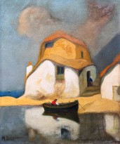 Михалис Эконому — Дома с рыбацкими лодками (картон, масло)