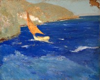 Михалис Эконому — Морской пейзаж с рыбацкой лодкой (картон, масло)