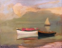 Михалис Эконому — Рыбацкие лодки в тумане (картон, масло)