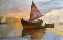 Михалис Эконому — Рыбацкие лодки на закате, 1929-1931 (картон, масло)