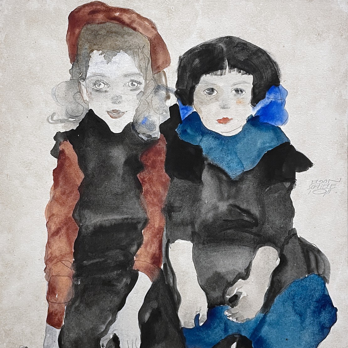Эгон Шиле — Две некрасивых девочки (акварель), 1911
