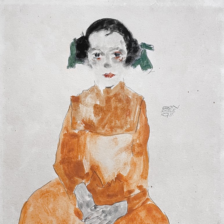 Эгон Шиле — Девочка в охряно-желтом платье (акварель), 1911, Альбертина