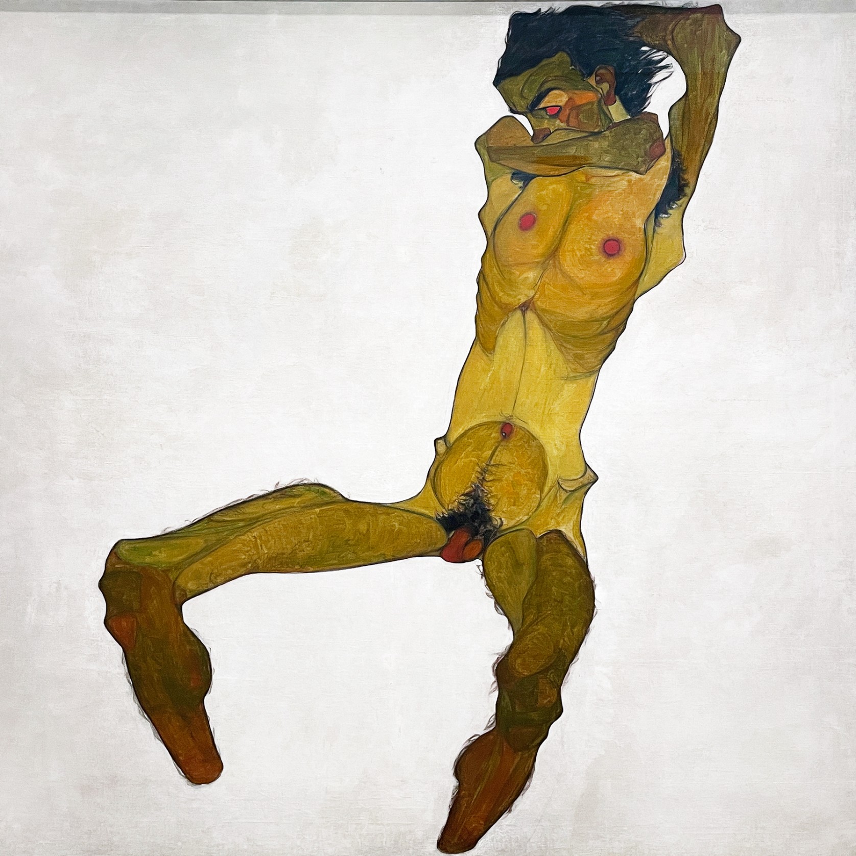Эгон Шиле — Сидящий обнаженный (автопортрет), 1910 (гуашь)