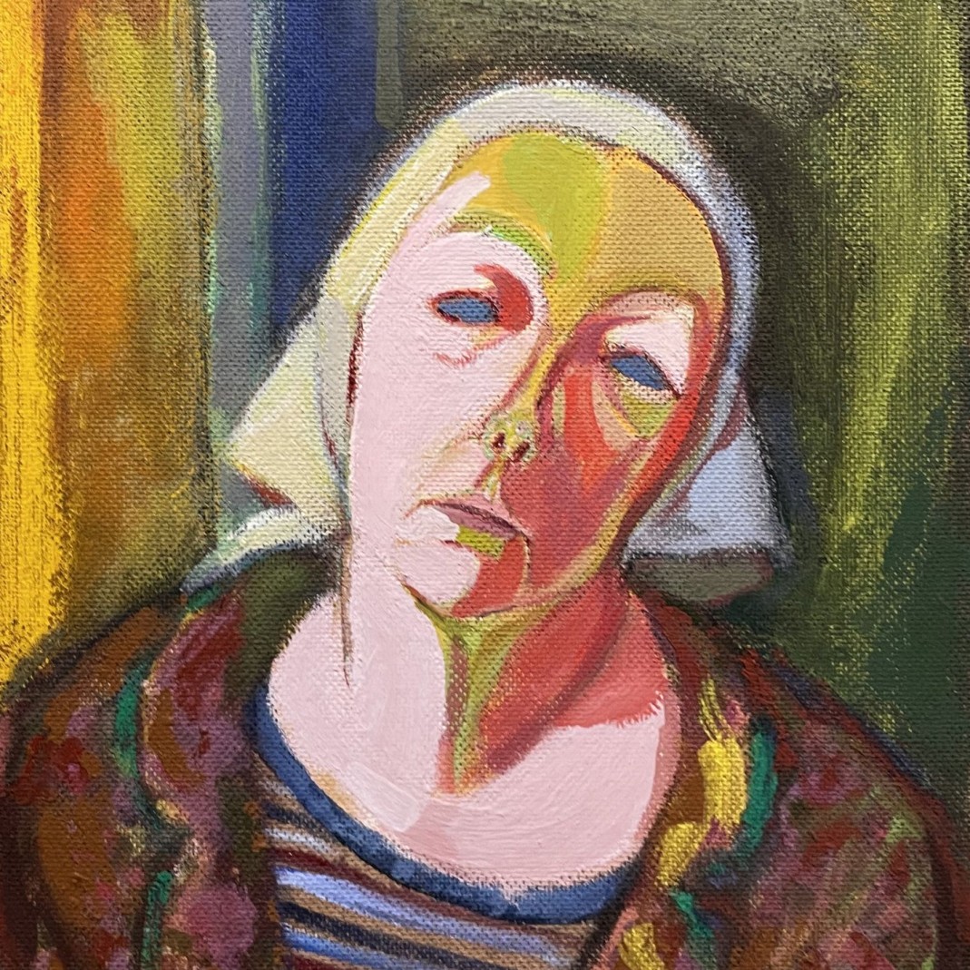 Елена Натаревич — Автопортрет в косынке, 2020 (оргалит, акрил)