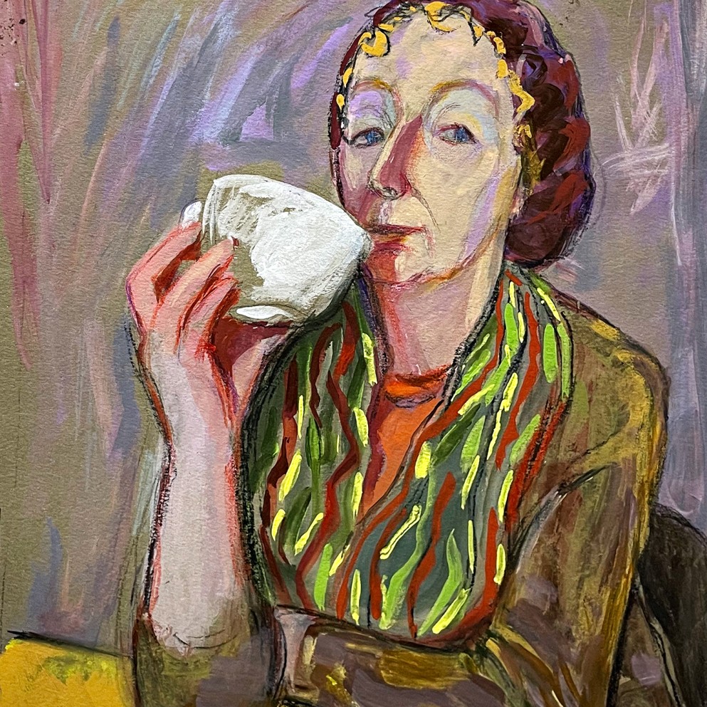 Елена Натаревич — В кафе. Автопортрет, 2023 (бумага, акрил)