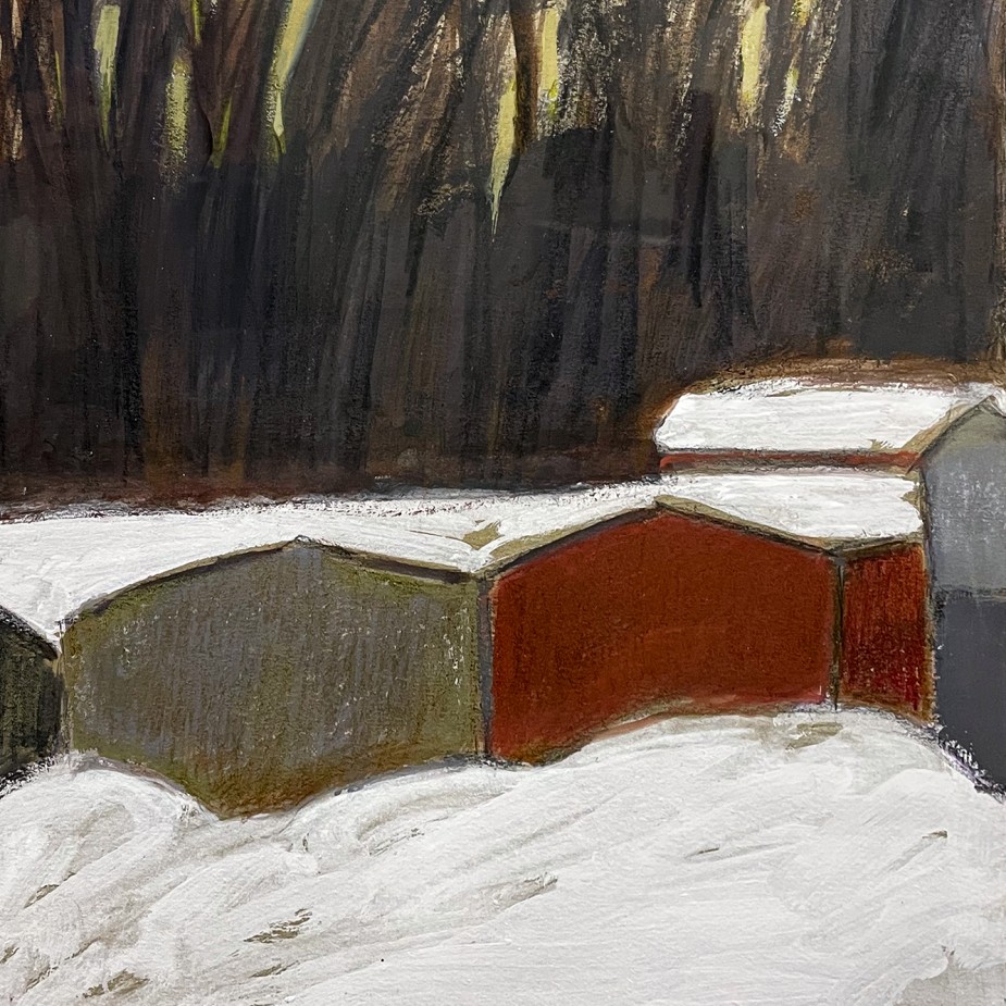 Елена Натаревич — Зимняя Смоленка. Гаражи, 2022 (бумага, акрил)