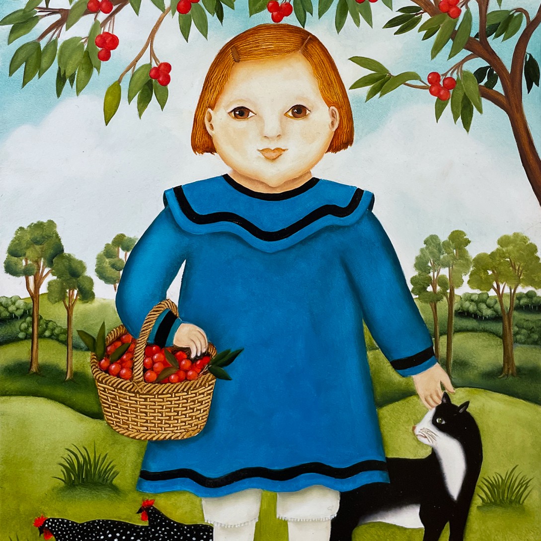 Женевьева Йост — Девочка с черешней, 2021 (доска, масло) Канада