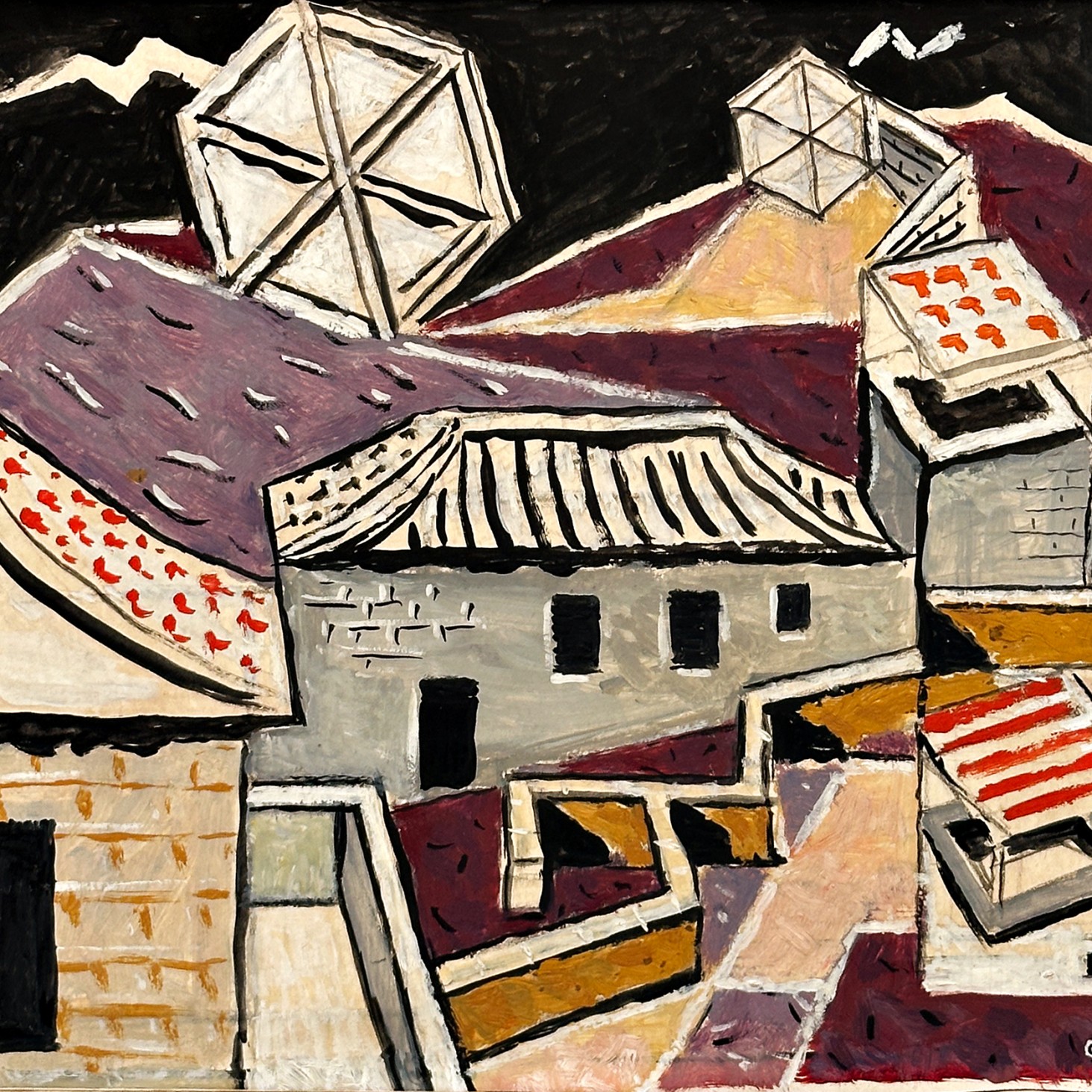 Никос Хацикириакос-Гика — Крыши и воздушные змеи, 1948 (картон, масло)