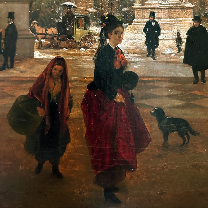 Анджело Инганни — Вид на площадь Пьяцца делла Скала с падающим снегом, вид из галереи, 1874 (холст, масло), фрагмент