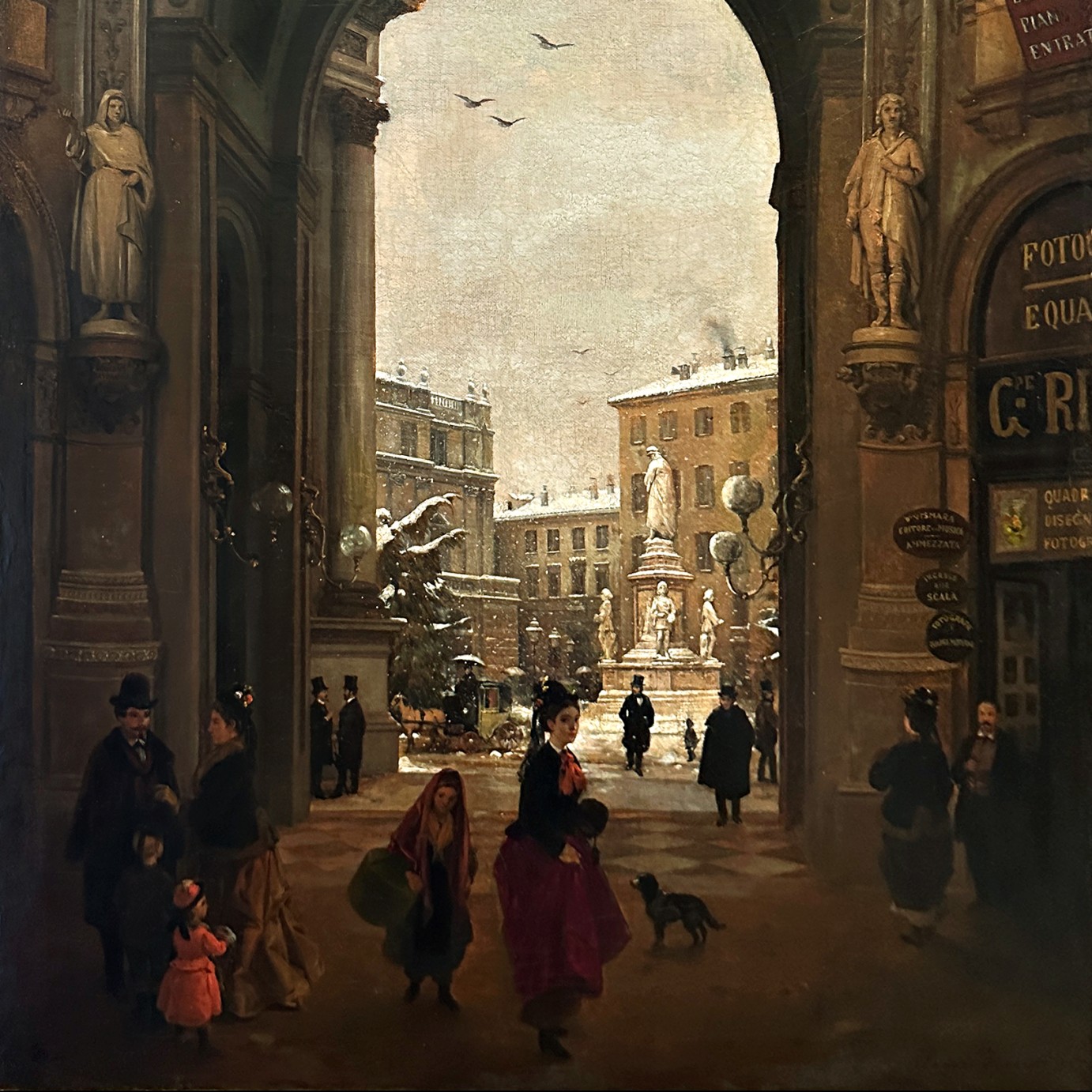 Анджело Инганни — Вид на площадь Пьяцца делла Скала с падающим снегом, вид из галереи, 1874 (холст, масло)