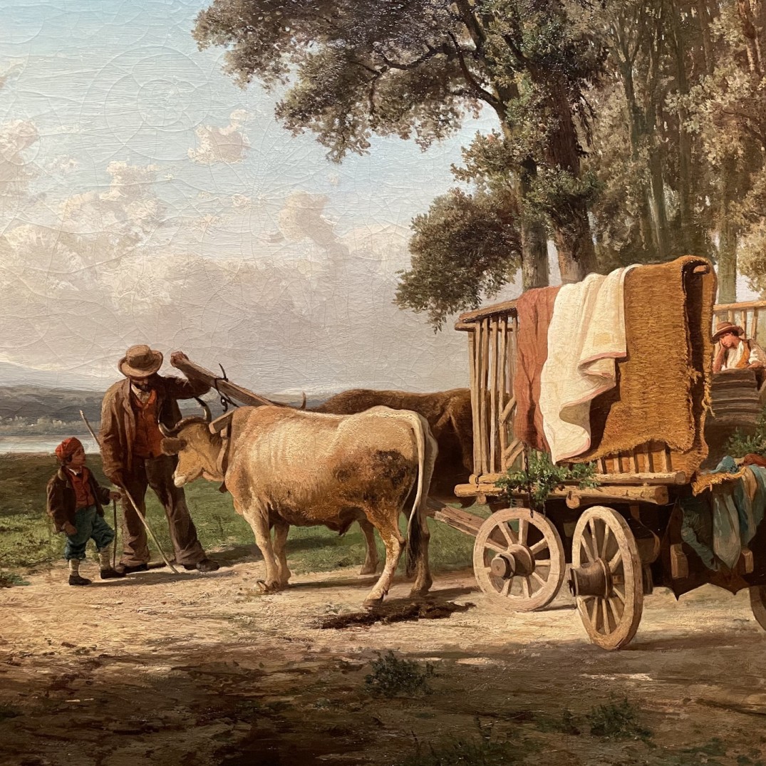 Карло Манчини — Быки, привязанные к повозке на берегу озера Анноне, 1857 (холст, масло) фрагмент