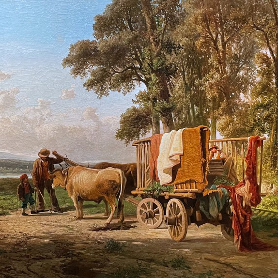 Карло Манчини — Быки, привязанные к повозке на берегу озера Анноне, 1857 (холст, масло)