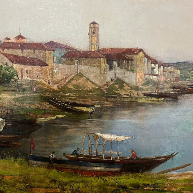 Лоренцо Жиньус — Вид на озеро Маджоре, возле Сесто-Календе, 1895-1900 (холст, масло). фрагмент