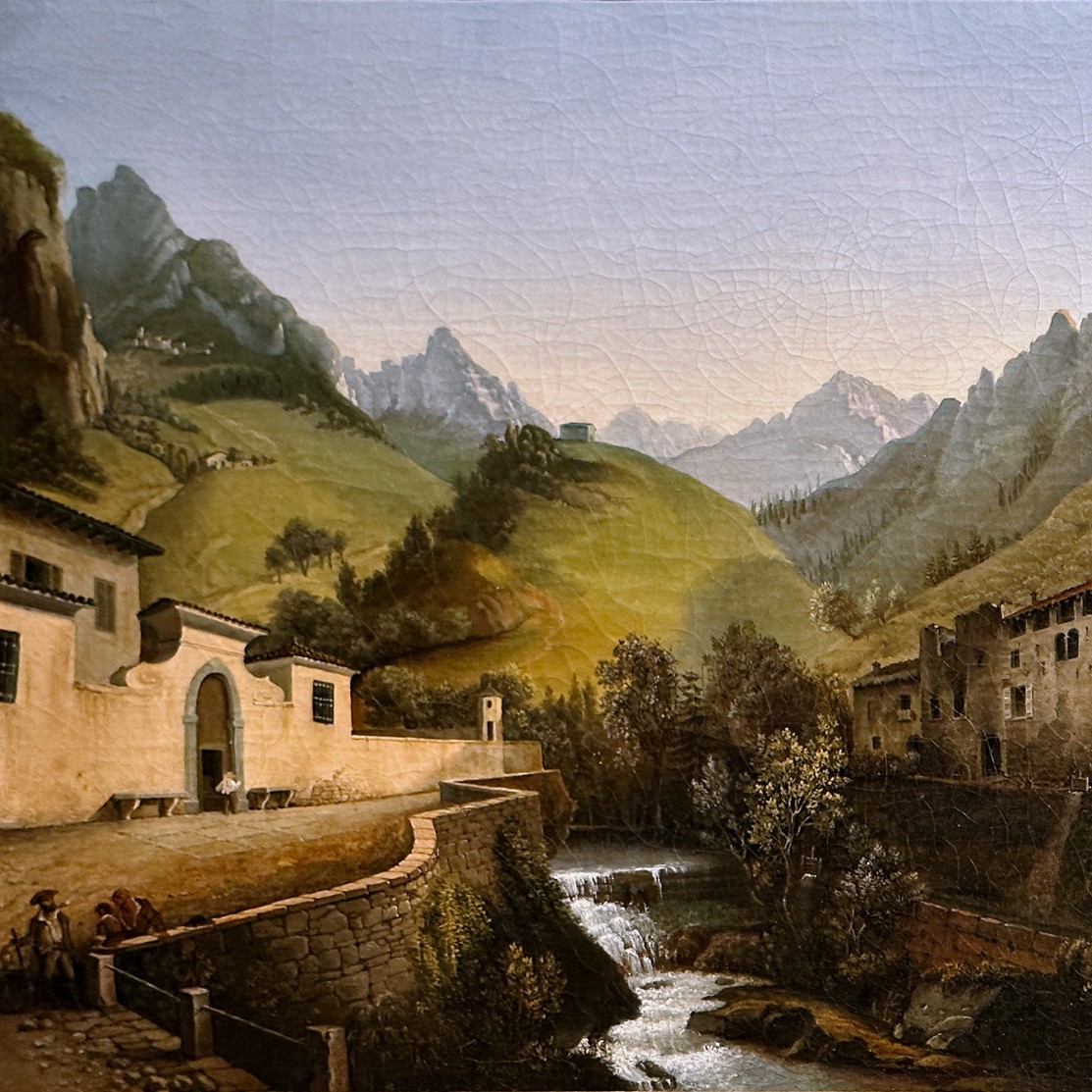 Марко Гозци — Горный пейзаж с ручьем Огна, дворцом Морони и металлургическим заводом, 1838 (холст, масло)