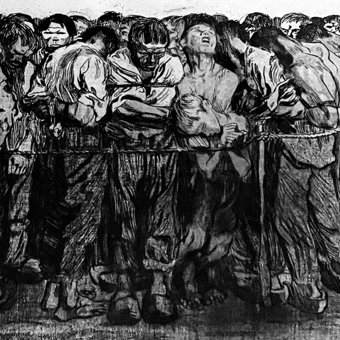 Кёте Кольвиц — Заключенные (Лист 7 цикла 'Крестьянская война'), 1908 (линогравюра, акварель, сухая игла), 1908