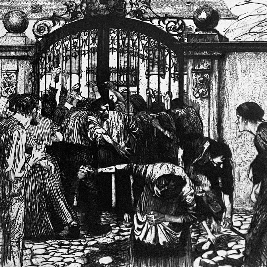 Кёте Кольвиц — Заключенные (Лист 7 цикла 'Крестьянская война'), 1908 (линогравюра, акварель, сухая игла), 1908