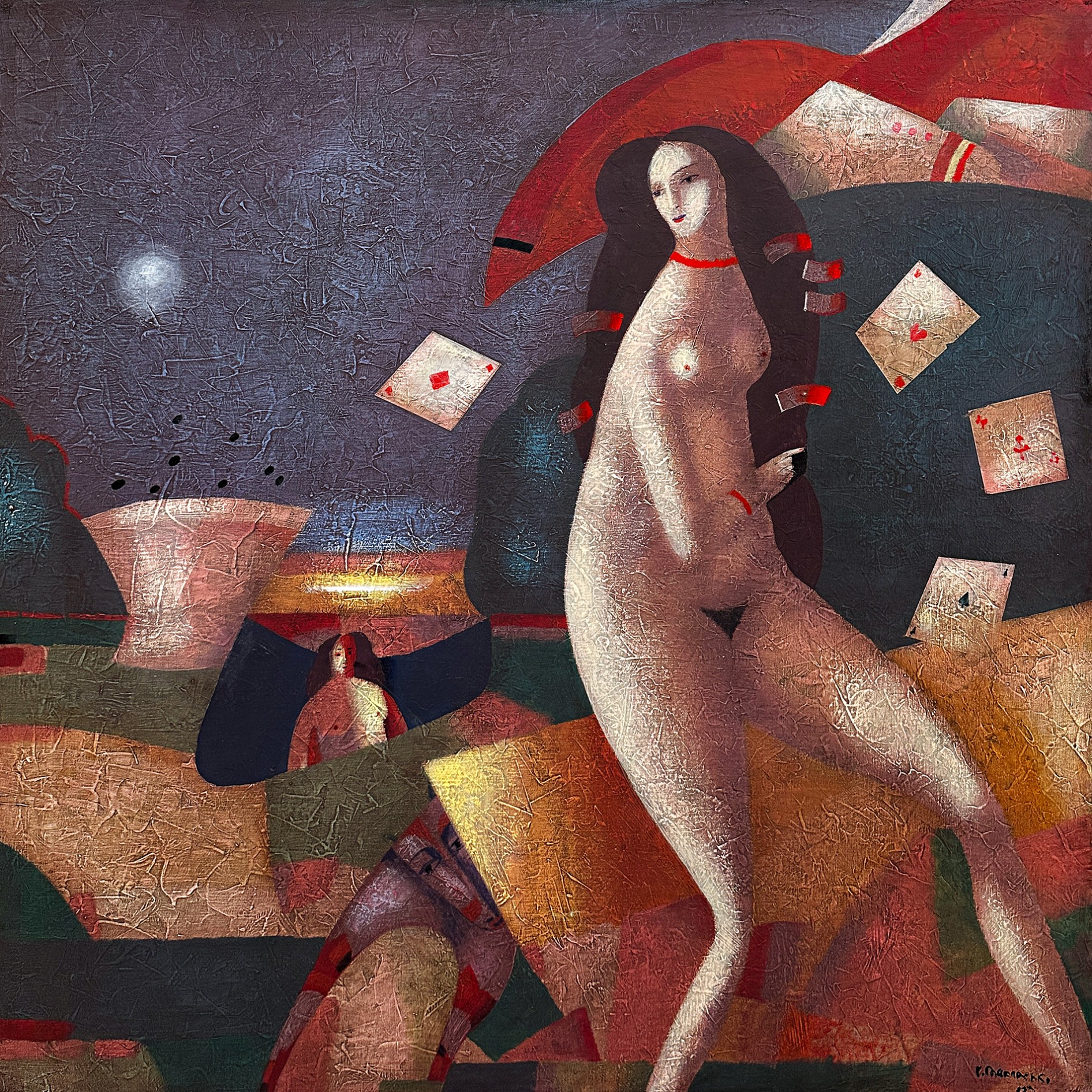 Володимир Макаренко — Обнажённая женщина, играющая в карты, 1992 (холст, акрил)