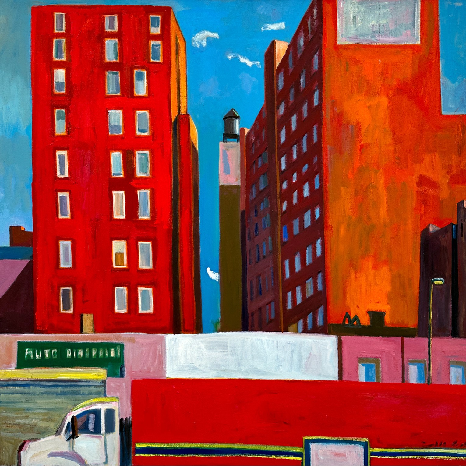 Майкл Ковнер — Два красных здания и грузовик (холст, масло), 2012-2013