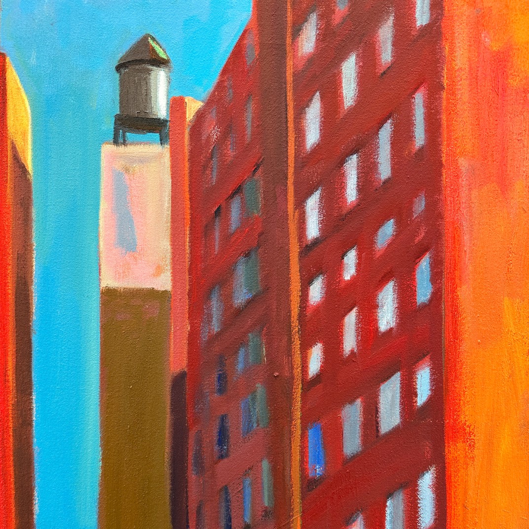 Майкл Ковнер — Два красных здания и грузовик. Фрагмент (холст, масло), 2012-2013