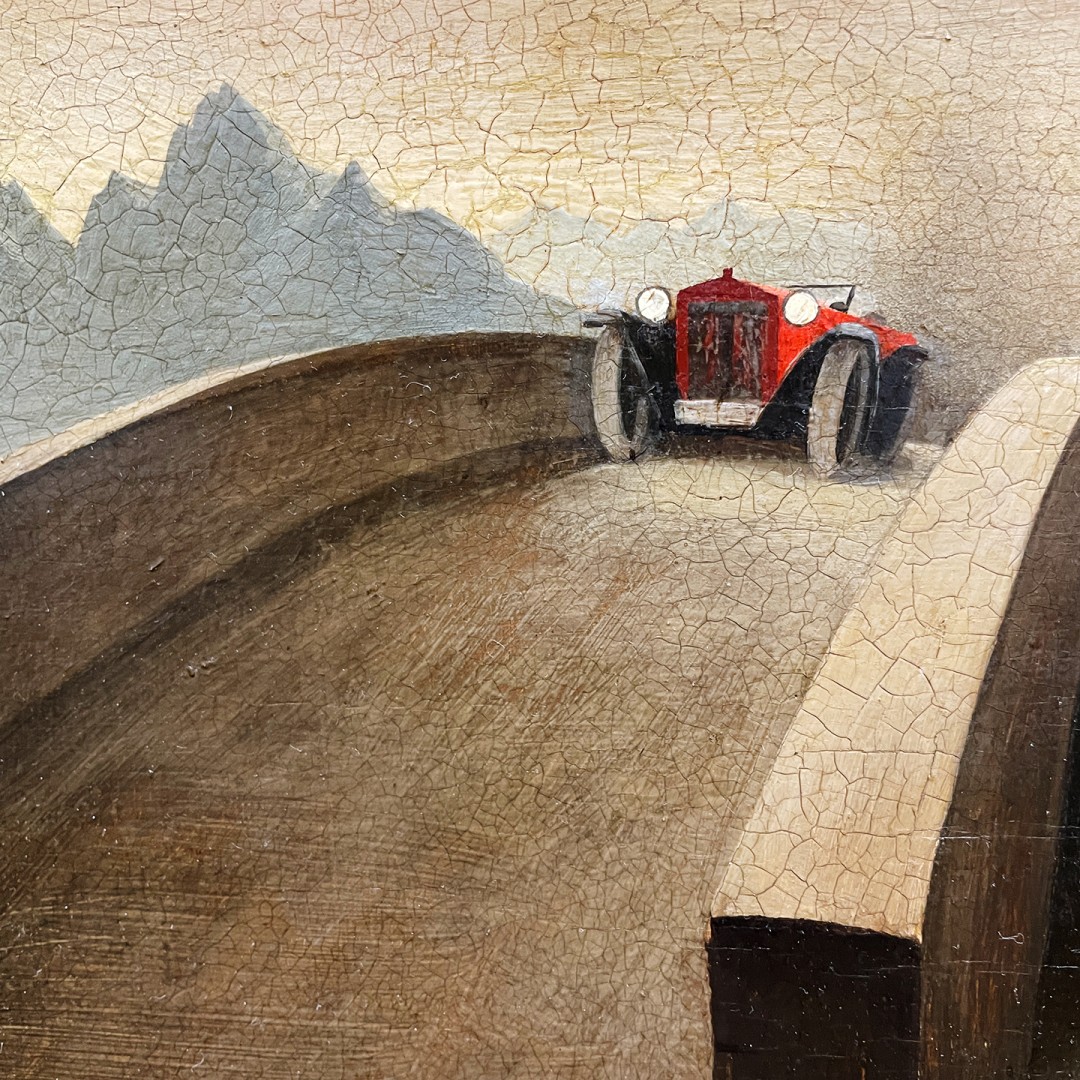 Франц Седлачек — Горный пейзаж с автомобилем, 1931 (холст, масло), фрагмент. Альбертина
