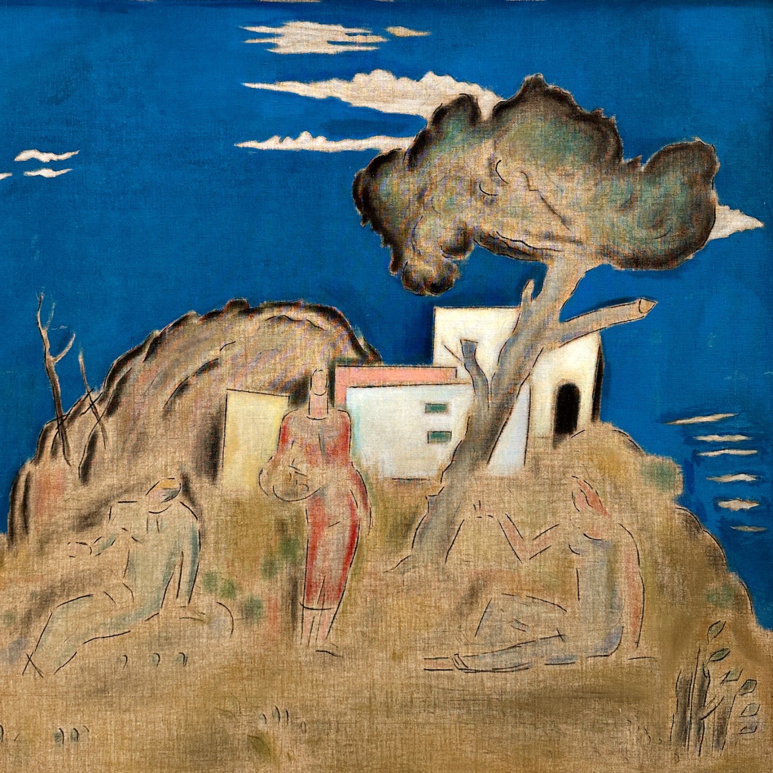 Константинос Парфенис — Пейзаж с тремя фигурами, 1935 (холст, карандаш, уголь)