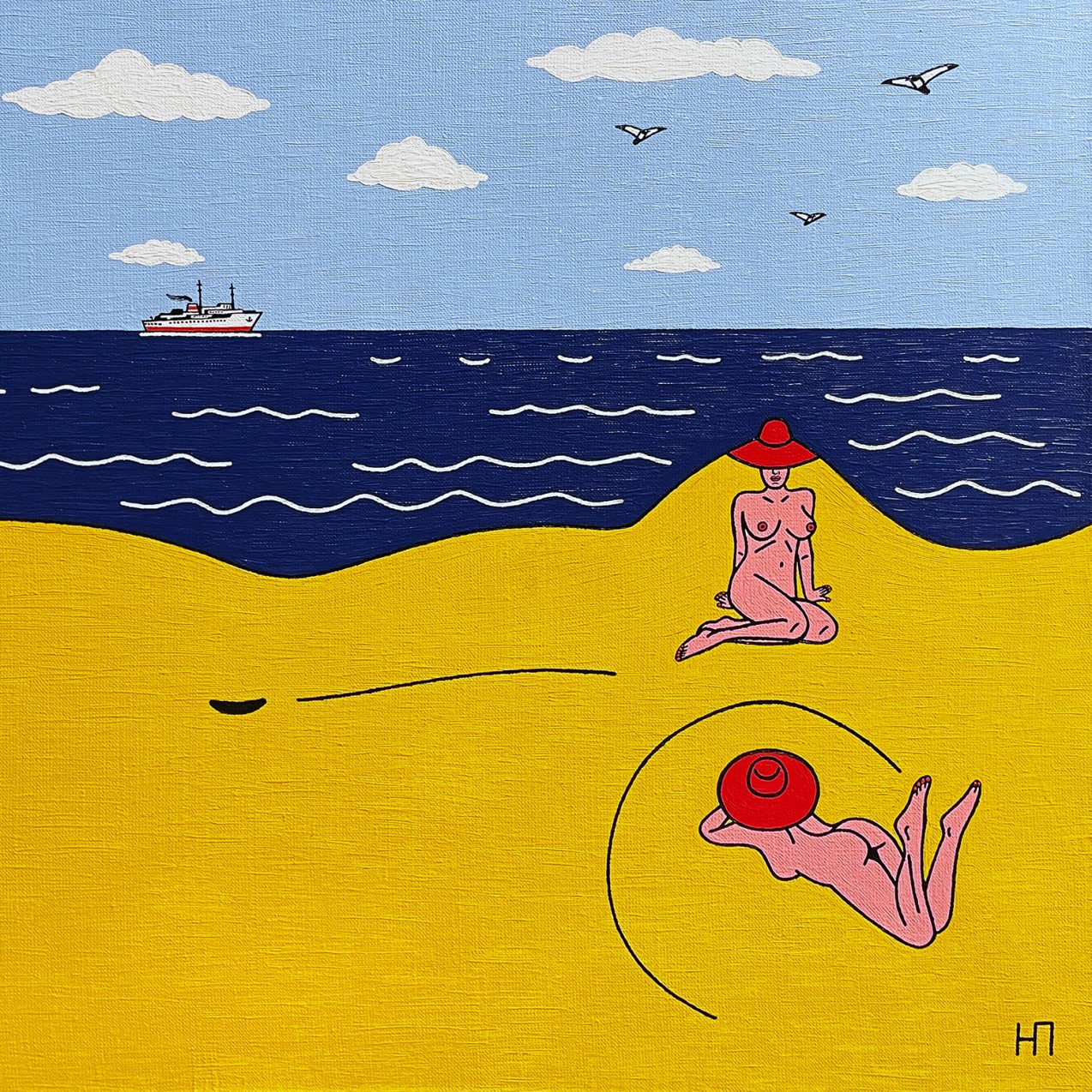 Петр Наводнюк — Две женщины в шляпах на пляже, 2009 (холст, масло)