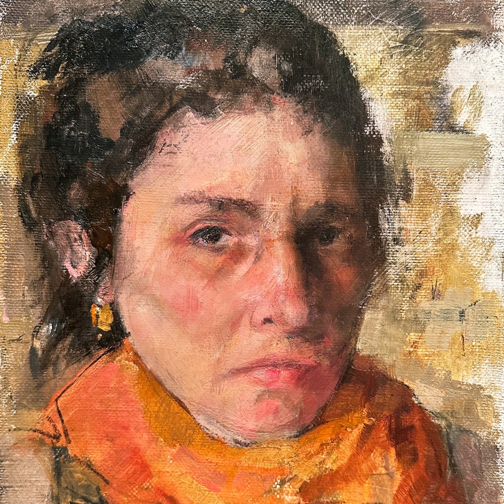 Рони Тахарлев — Автопортрет с оранжевым шарфом, 2017 (холст, масло)