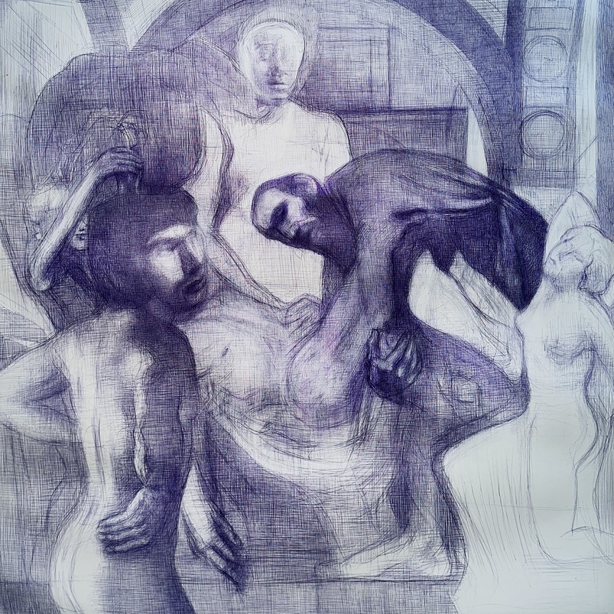 Тамар Шимон — Без названия (бумага, синяя шариковая ручка), 2023