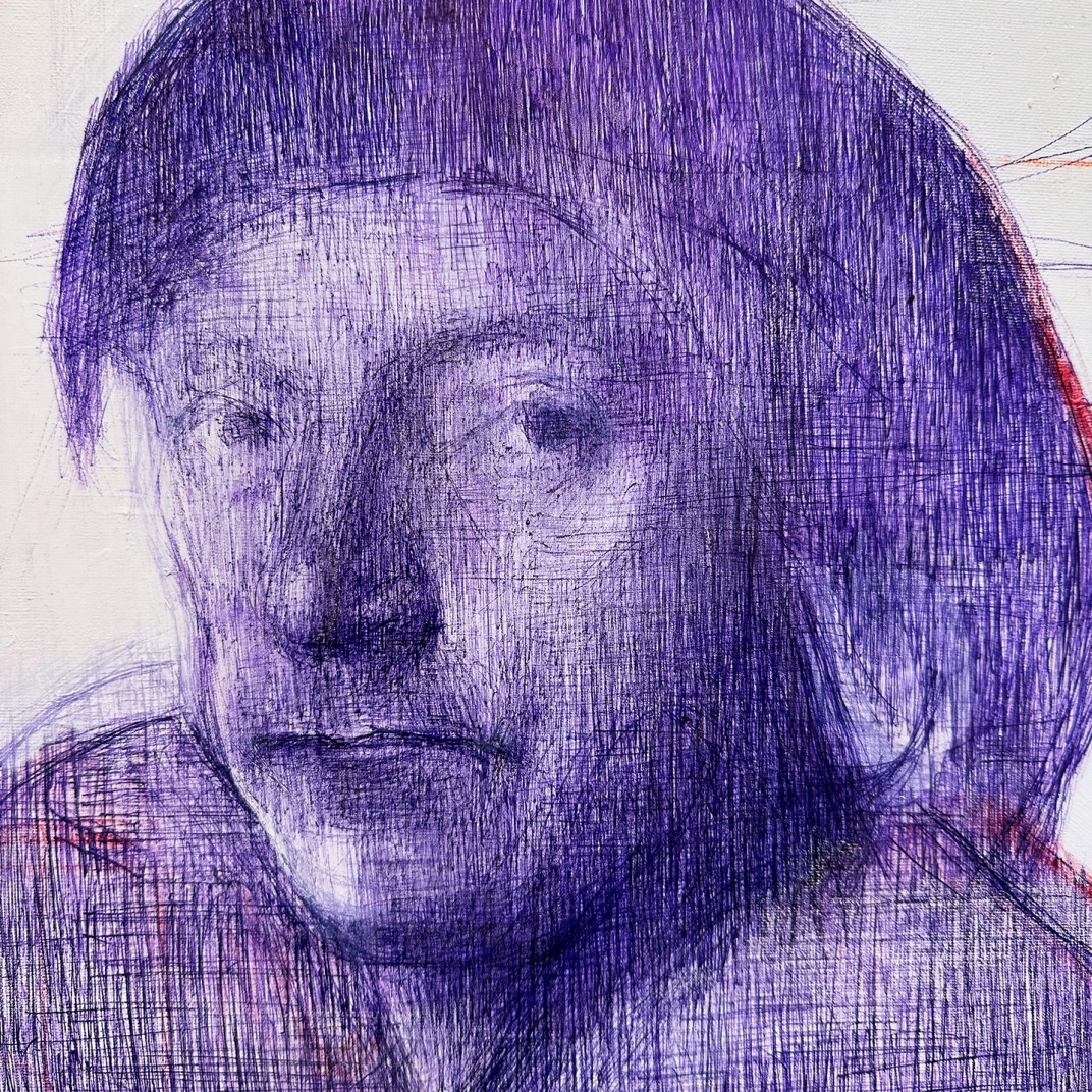 Тамар Шимон — Без названия (бумага, синяя шариковая ручка, красный масляный карандаш), 2023 (фрагмент)