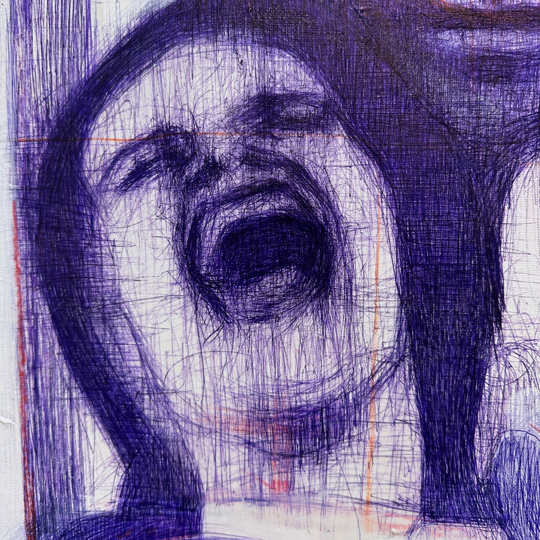 Тамар Шимон — Без названия (бумага, синяя шариковая ручка, красный масляный карандаш), 2023 (фрагмент)