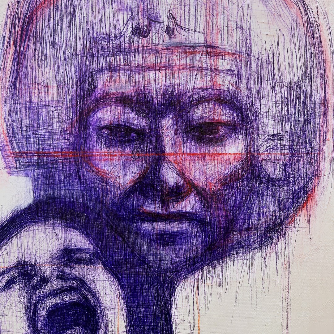 Тамар Шимон — Без названия (бумага, синяя шариковая ручка, красный масляный карандаш), 2023 (фрагмент)