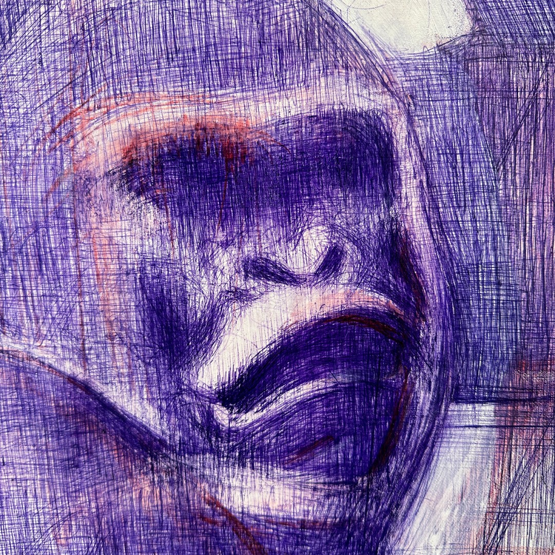 Тамар Шимон — Без названия (бумага, синяя шариковая ручка, красный масляный карандаш), 2023 (фрагмент)