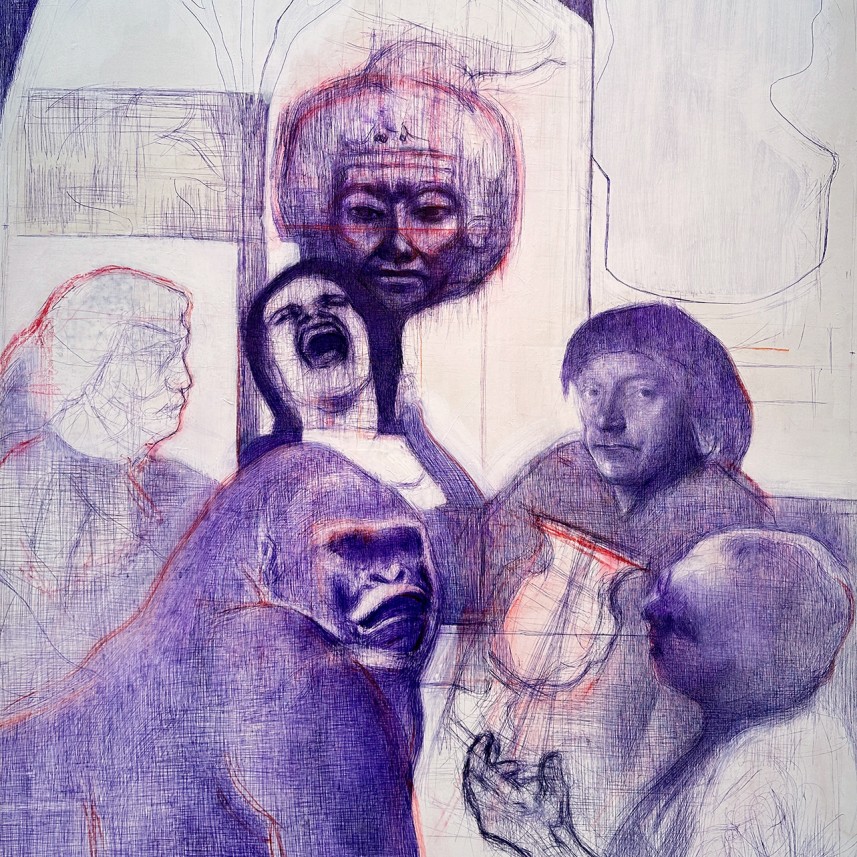 Тамар Шимон — Без названия (бумага, синяя шариковая ручка, красный масляный карандаш), 2023