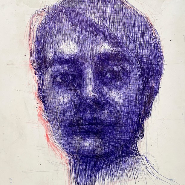 Тамар Шимон — Женская фигура no. 5 (бумага, синяя шариковая ручка), 2023