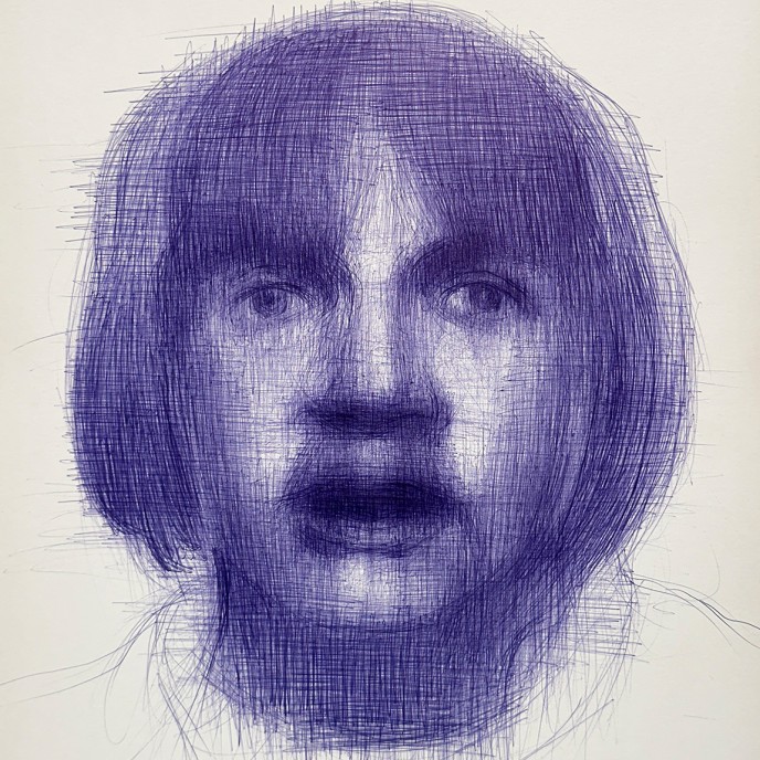 Тамар Шимон — Женская фигура no. 7 (бумага, синяя шариковая ручка), 2023