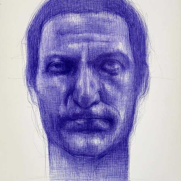 Тамар Шимон — Мужская фигура no. 1 (бумага, синяя шариковая ручка), 2023