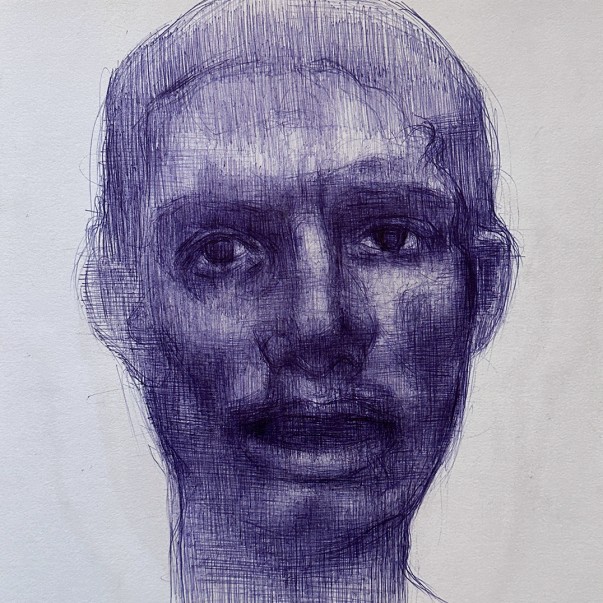 Тамар Шимон — Мужская фигура no. 3 (бумага, синяя шариковая ручка), 2023