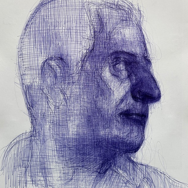 Тамар Шимон — Мужская фигура no. 4 (бумага, синяя шариковая ручка), 2023