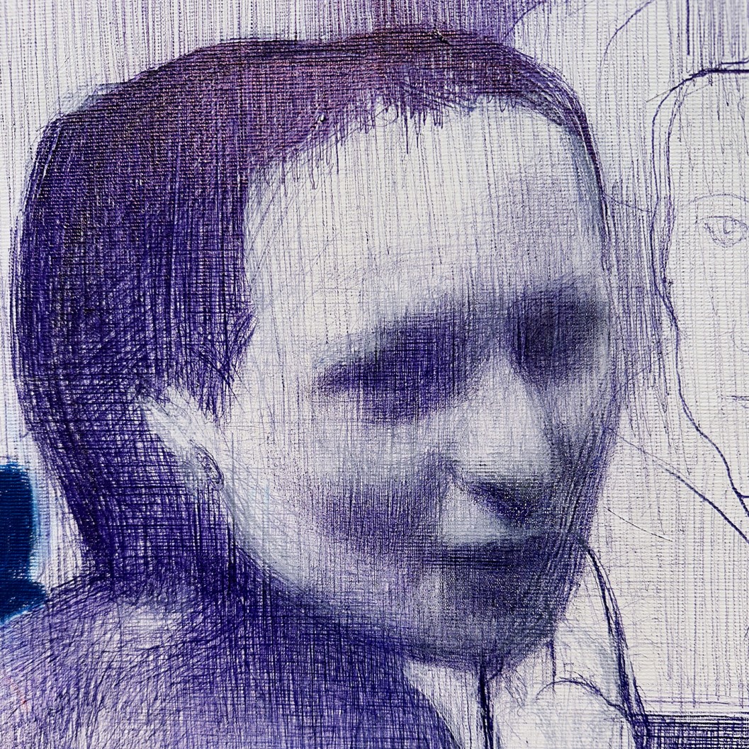 Тамар Шимон — No Ground (бумага, синяя шариковая ручка, красный масляный карандаш), 2023 (фрагмент)