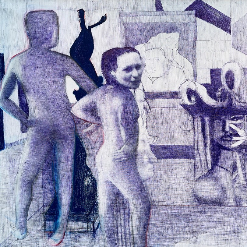 Тамар Шимон — No Ground (бумага, синяя шариковая ручка, красный масляный карандаш), 2023