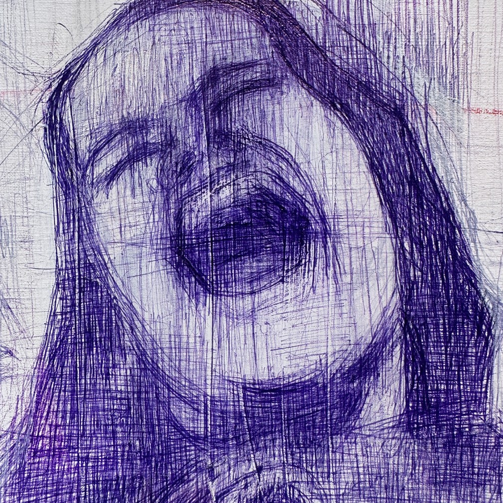 Тамар Шимон — Фонтан 'Львиная голова' (бумага, синяя шариковая ручка, красный масляный карандаш), 2023 (фрагмент)