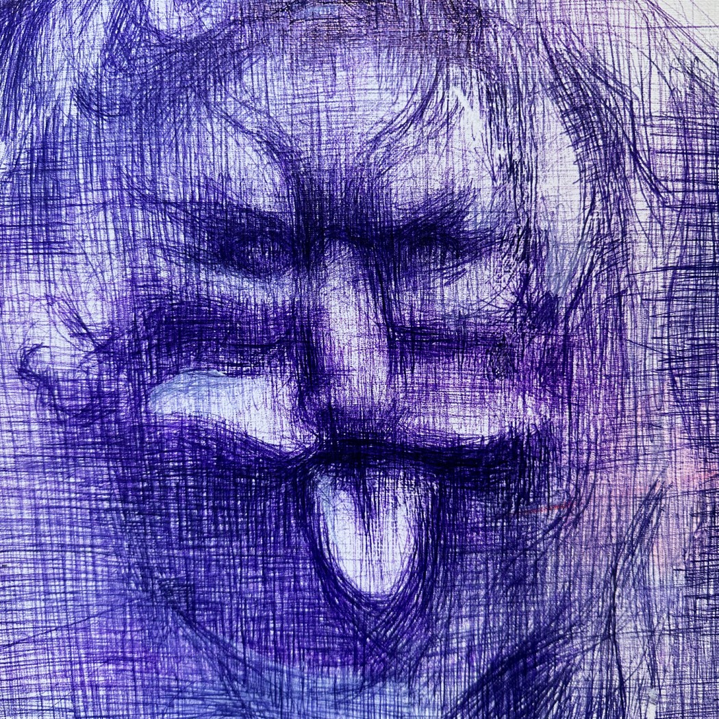 Тамар Шимон — Фонтан 'Львиная голова' (бумага, синяя шариковая ручка, красный масляный карандаш), 2023 (фрагмент)