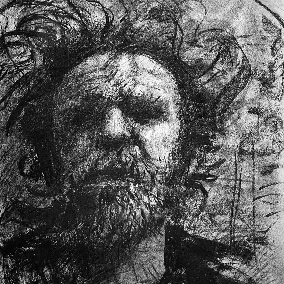 Ран Тененбаум — Автопортрет (Медуза), 2024 (уголь, бумага)