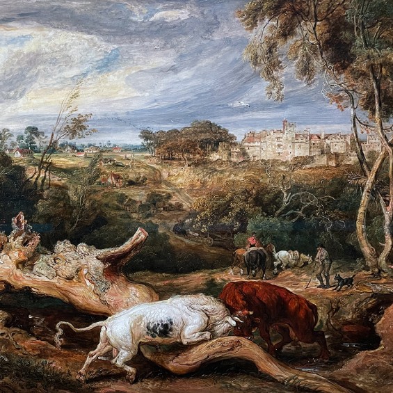 Джеймс Уорд — Бой быков, вид на замок Святого Доната, Гламорганшир, 1804 (холст, масло)