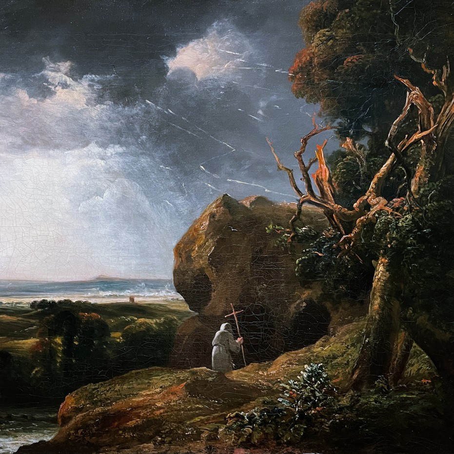 Питер Де Винт — Пейзаж с молнией и отшельником, 1812-1816 (холст, масло)
