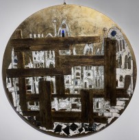 Андреа Стелла — Без названия 2, 2018 (гипсовый левкас, натуральные краски, суальное золото, картон, стекло, окисление)