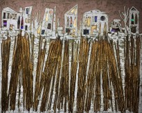 Андреа Стелла — Древние городки, 2018 (гипсовый левкас, натуральные краски, суальное золото, картон, стекло, окисление)